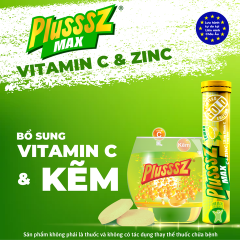 Viên sủi Plusssz Max Vitamin C & Zinc hương chanh - Tăng cường miễn dịch, hỗ trợ sức khỏe - Tuýp 20 viên dễ hòa tan