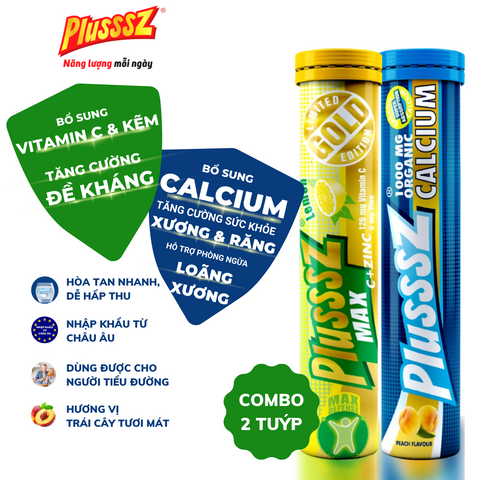 Combo Viên Sủi PLUSSSZ Max Vitamin C & Zinc Vị Chanh - PLUSSSZ Calcium Vị Đào, Chanh Leo - Tăng Cường Đề Kháng, Hỗ Trợ Sức Khỏe