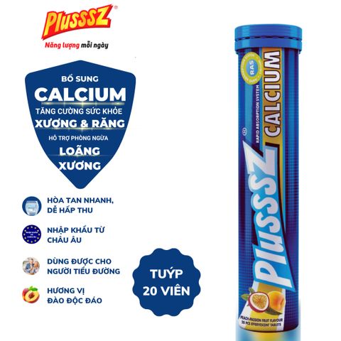 Viên Sủi Plusssz Calcium Hương Đào Mix Chanh Leo Không Đường - Tăng Cường Sức Khỏe Xương Khớp, Hỗ Trợ Phòng Ngừa Loãng Xương (20 Viên)