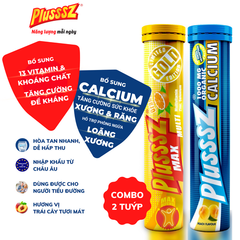 Combo Viên Sủi PLUSSSZ MAX Multivitamin vị Cam & Calcium vị Đào, Chanh Leo – Tăng Cường Sức Đề Kháng, Duy Trì Sức Khoẻ