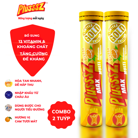 Viên Sủi PLUSSSZ MAX Multivitamin Vị Cam Không Đường - Tăng Cường Sức Đề Kháng, Hỗ Trợ Tăng Cường Sức Khỏe, Dạng Viên Dễ Uống, Combo 2 Tuýp 20 Viên