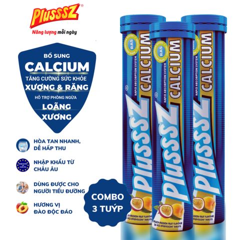 Viên Sủi Plusssz Calcium Vị Đào & Chanh Leo Không Đường - Combo 3 Tuýp 20 Viên Hỗ Trợ Sức Khỏe Xương Khớp, Bổ Sung Canxi Hữu Cơ