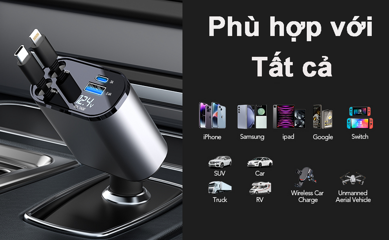 Tẩu Sạc Nhanh 120W 4 IN 1 Dây Cáp Kéo Dài Thu Gọn sạc Siêu Nhanh cho Samsung Iphone...
