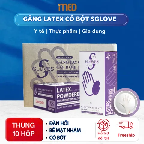 Thùng Găng Tay Cao Su Latex Có Bột Sgloves Trắng 4.8g - 10 Hộp