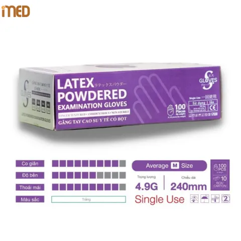 Thùng Găng Tay Cao Su Latex Có Bột Sgloves Trắng 4.8g - 10 Hộp