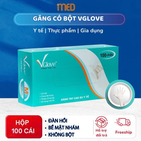 Găng tay y tế Latex có bột VGlove Khải Hoàn màu trắng - Hộp 100 chiếc, dùng một lần, an toàn cho sức khỏe