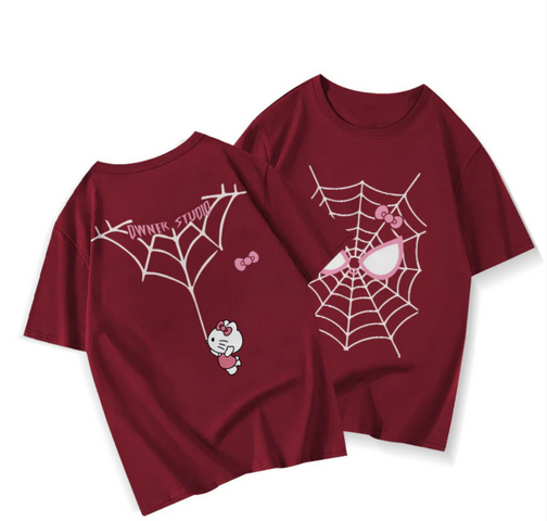 Áo thun Hello Kitty mùa hè nữ - Thiết kế mạng nhện dễ thương, phong cách trẻ trung, chất liệu cotton thoáng mát
