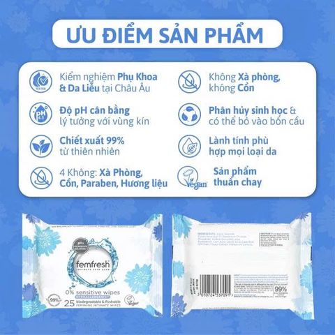 Khăn ướt vệ sinh vùng kín Femfresh 0% Nhạy Cảm - 25 Tờ