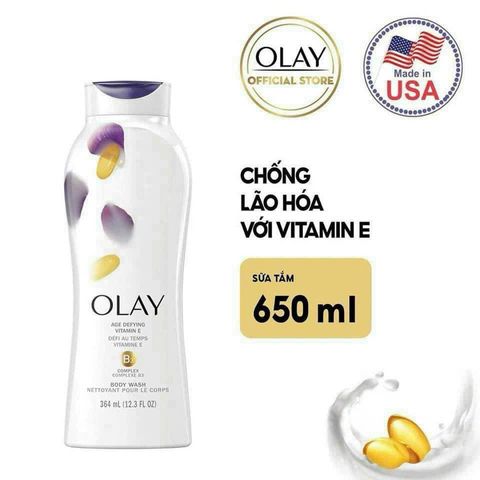 Sữa Tắm Olay Age Defying 650ml - Chăm Sóc Da Lão Hóa Với Vitamin E & B3 Complex, Dưỡng Ẩm Săn Chắc Da