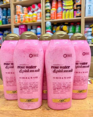 Sữa Tắm Tẩy Tế Bào Chết Ogx Rose Water & Pink Sea Salt 577ml – mịn da, sạch thoáng