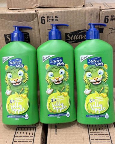 Sữa Tắm Gội Xả Suave Kids 3in1 Silly Apple 532ml - Dịu Nhẹ, Hương Táo Tươi Mát Cho Trẻ Em