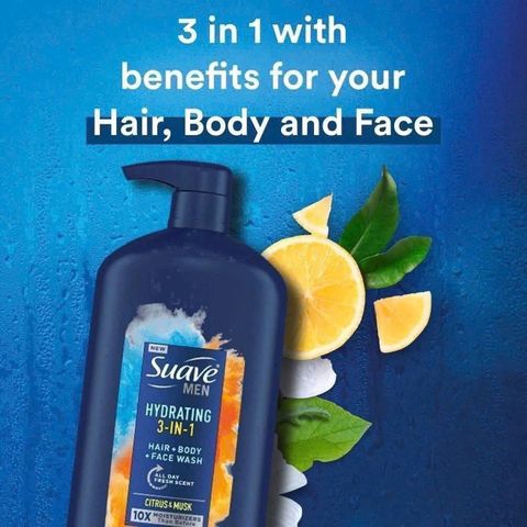 Sữa Tắm Suave Men 3in1 Hydrating 887ml - Cấp Ẩm Cho Tóc, Da Mặt, Da Cơ Thể - Sạch Thoáng, Thích Hợp Cho Nam