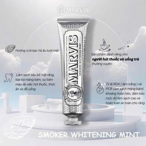 KDR – Kem Đánh Răng Marvis Bạc Cho Người Hút Thuốc – loại bỏ ố vàng khói thuốc, hơi thở thơm mát