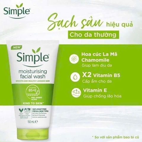 Sữa Rửa Mặt Simple Kind To Skin Dưỡng Ẩm 150ml - Dịu Nhẹ Cho Da, Sạch Sâu, Chăm Sóc Da Nhạy Cảm