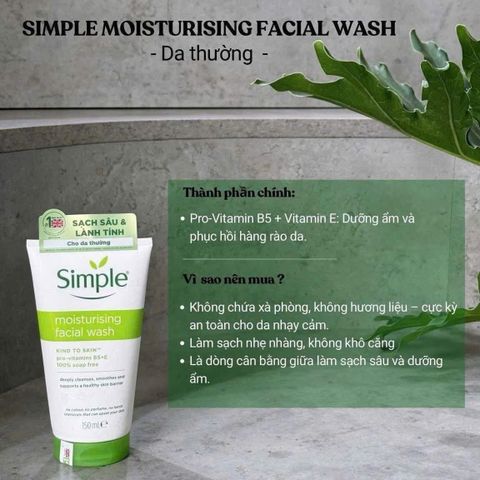 Sữa Rửa Mặt Simple Kind To Skin Dưỡng Ẩm 150ml - Dịu Nhẹ Cho Da, Sạch Sâu, Chăm Sóc Da Nhạy Cảm