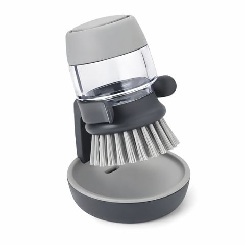 Bàn chải rửa xoong nồi Joseph Joseph Palm Scrub 85005, bơm nước rửa, kèm giá đỡ màu xám