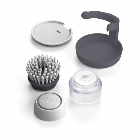 Bàn chải rửa xoong nồi Joseph Joseph Palm Scrub 85005, bơm nước rửa, kèm giá đỡ màu xám