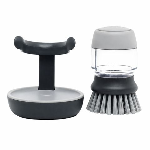 Bàn chải rửa xoong nồi Joseph Joseph Palm Scrub 85005, bơm nước rửa, kèm giá đỡ màu xám