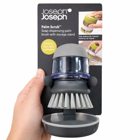Bàn chải rửa xoong nồi Joseph Joseph Palm Scrub 85005, bơm nước rửa, kèm giá đỡ màu xám