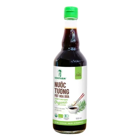 Nước tương mật hoa dừa organic Sokfarm 500ml - Dòng ít muối