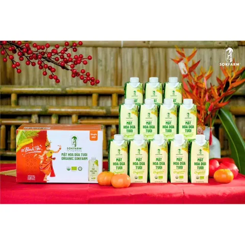 [Hoả tốc HCM] Hộp quà tết 12 Hộp Mật hoa dừa tươi Organic Sokfarm 330ml