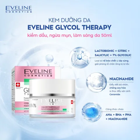 Kem dưỡng da ngừa mụn, giảm thâm mụn Eveline Glycol Therapy 50ml kiềm dầu tốt làm sáng da hiệu quả