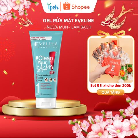 Gel rửa mặt Eveline Clean Your Skin 200ML 3in1 ngừa mụn sạch sâu giảm bã nhờn và cấp ẩm cho làn da mụn