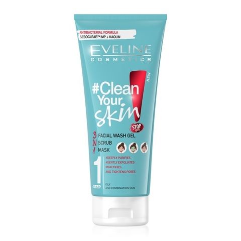 Gel rửa mặt Eveline Clean Your Skin 200ML 3in1 ngừa mụn sạch sâu giảm bã nhờn và cấp ẩm cho làn da mụn