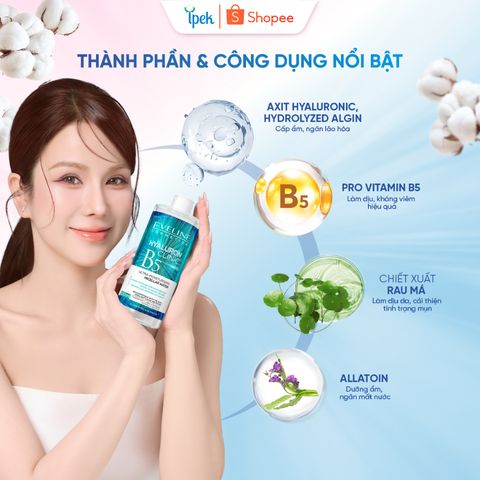 [EVELINE x DLA] Nước tẩy trang Eveline Hyaluronic Clinic B5 500ML chiết xuất rau má lành tính, làm sạch sâu