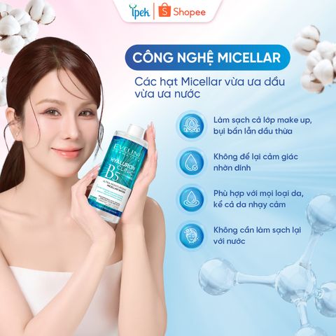 [EVELINE x DLA] Nước tẩy trang Eveline Hyaluronic Clinic B5 500ML chiết xuất rau má lành tính, làm sạch sâu