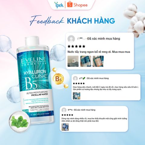[EVELINE x DLA] Nước tẩy trang Eveline Hyaluronic Clinic B5 500ML chiết xuất rau má lành tính, làm sạch sâu