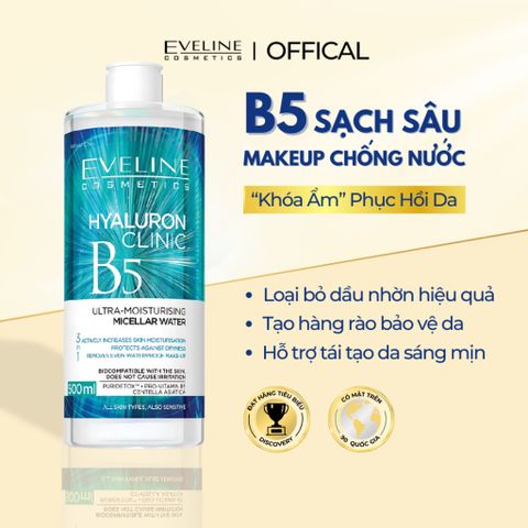 [EVELINE x DLA] Nước tẩy trang Eveline Hyaluronic Clinic B5 500ML chiết xuất rau má lành tính, làm sạch sâu