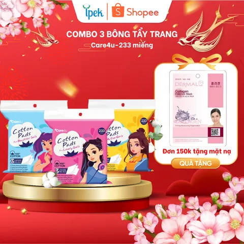 Combo 3 gói bông đắp toner Care4u 3 lớp cotton mềm mịn thấm hút tốt 233 miếng/ 1 gói (3x 233 miếng)