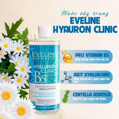 [EVELINE x DLA] Nước tẩy trang Eveline Hyaluronic Clinic B5 500ML chiết xuất rau má lành tính, làm sạch sâu