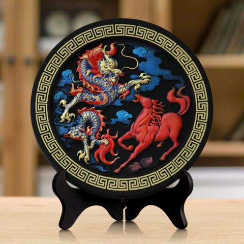 Tranh Đĩa Phong Thủy hình Long Mã, tranh than hoạt tính trang trí phòng khách, để bàn, kệ tủ, quà tặng tân gia