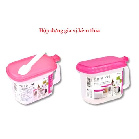 Hộp đựng gia vị, hũ đựng gia vị có nắp bật kèm thìa màu hồng