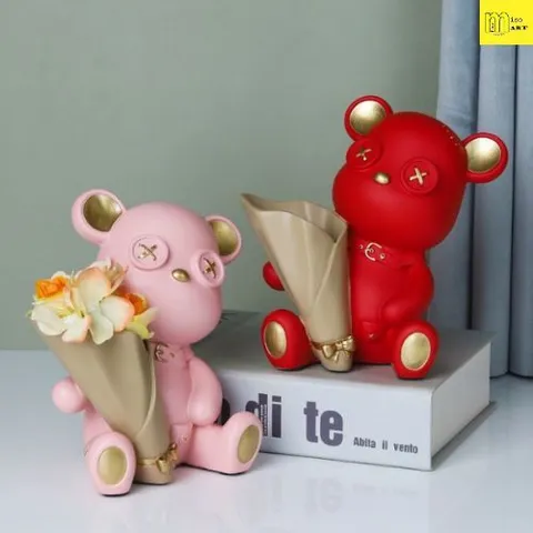 Tượng gấu decor, mô hình gấu decor kèm lọ hoa trang trí bàn học, bàn làm việc, kệ sách