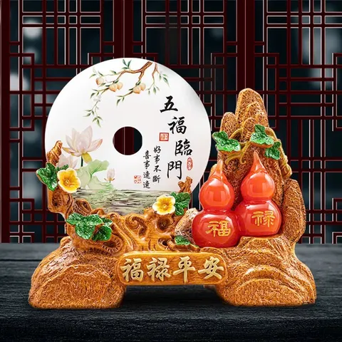 Tượng trang trí nhà cửa Hồ Lô Phúc Lộc kèm Đĩa ngọc Phong Thủy May Mắn