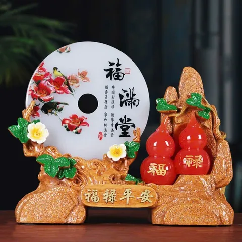 Tượng trang trí nhà cửa Hồ Lô Phúc Lộc kèm Đĩa ngọc Phong Thủy May Mắn