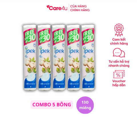 Bông tẩy trang Ipek Thổ Nhĩ Kỳ 130 miếng - Combo 5 gói cotton tự nhiên, siêu mềm mịn, phù hợp mọi loại da