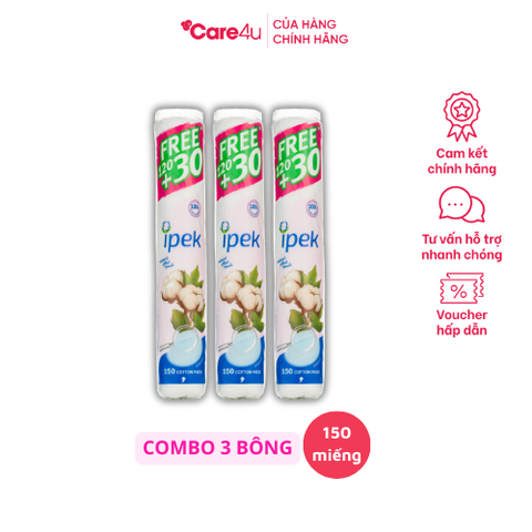 Combo 3 Bông Tẩy Trang Ipek Chính Hãng 150 Miếng - Bông Cotton Hữu Cơ, Nhẹ Nhàng Dùng Cho Da Nhạy Cảm, Khả Năng Thấm Hút Tốt