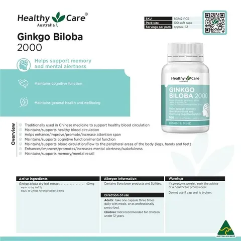Viên Bổ Não Healthy Care Ginkgo Biloba 2000mg - Tăng Cường Trí Nhớ, Giảm Đau Đầu, Hỗ Trợ Lưu Thông Máu Não 100 Viên 626960