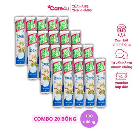 Combo 20 Bông Tẩy Trang Ipek 130 Miếng - Sợi Bông 100% Cotton Mềm Mại, Dùng Tẩy Trang và Vệ Sinh Da Mặt