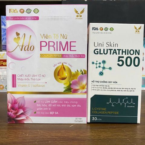 (Chính Hãng) Combo Tố Nữ, Sáng đẹp da [TPBVSK Ado Prime hồng + TPBVSK Glutathion 500] - 2H/60 viên