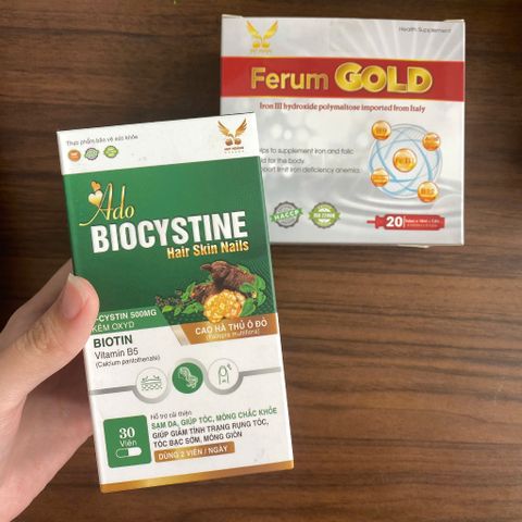 (Chính hãng) CB bổ sung Sắt và Đẹp da, móng, tóc [TPBVSK Ferum Gold + TPBVSK AdoBiocystine] - 2Hx30v