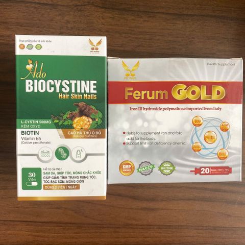 (Chính hãng) CB bổ sung Sắt và Đẹp da, móng, tóc [TPBVSK Ferum Gold + TPBVSK AdoBiocystine] - 2Hx30v