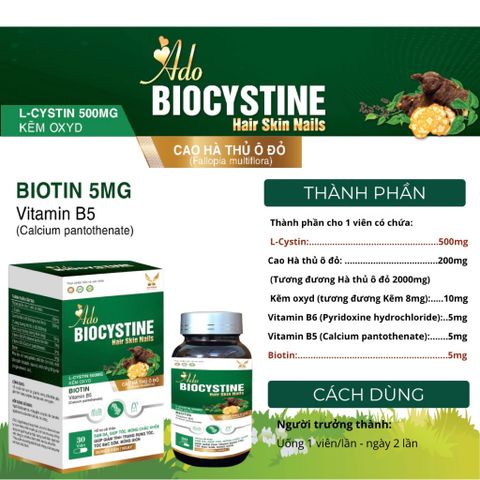 (Chính hãng) Combo 5H Hỗ trợ đẹp da, tóc, móng [5H TPBVSK Ado Biocystine]- 5Hx30 viên