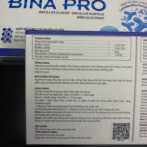 (Chính Hãng) Combo 2 hộp Men Vi Sinh bào tử lợi khuẩn [2H TPBVSK Bina Pro] - 2Hx20ống/10ml