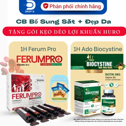 (Chính hãng) Combo Bổ sung Sắt và Hỗ trợ da-móng-tóc [ TPBVSK Ferum Pro + TPBVSK AdoBiocystine] - 2H