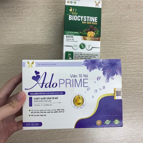 (Chính hãng) Combo Nội tiết tố và Da-tóc-móng [1H TPBVSK Ado Prime+1H TPBVSK Ado Biocystine] -2Hx30v